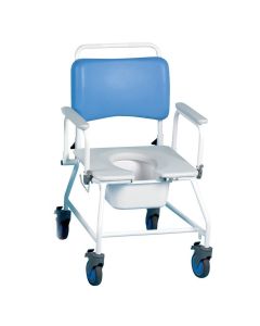 Atlantic bariatric commode shower chair viewed from the front showing the comfy vinyl seat