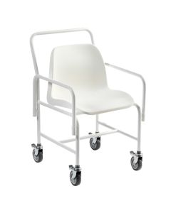 Hallaton wheeled shower chair shown from the side angle with brakes on each wheel