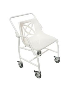 Patterson Medical heavy duty shower chair on wheels showing the removeable arm rests