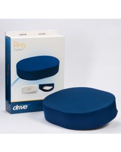 A blue oval shaped wheelchair ring cushion shown alongside its box