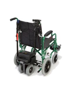 Drive Medical S-Drive dual wheel reverse powerstroll power pack installed on a green framed wheelchair