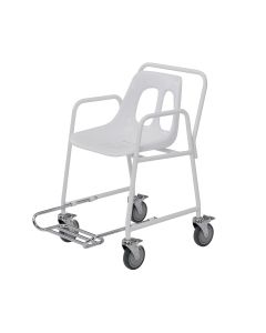 Wheeled shower chair showed from the side displaying the extending footrest and braked wheels