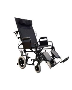 Ugo Reclining Transit Wheelchair shown at 45 degree angle with elevating leg rests
