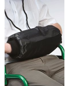 The wheelchair hand muff hand warmer shown in use with neck cord