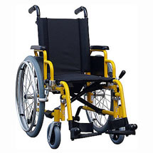 A yellow pediatric self propelled children's wheelchair