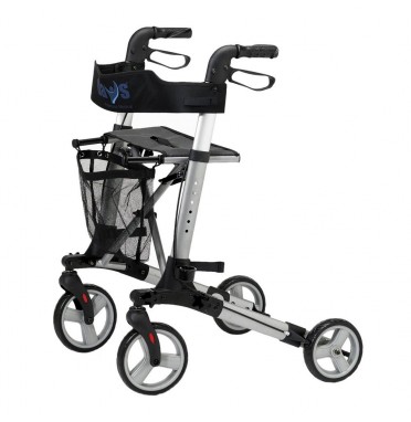 A silver rollator waling aid