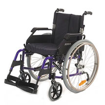 A purple self propelled manual wheelchair