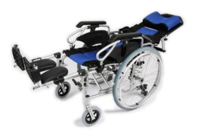 A reclining wheelchair shown fully tilted back